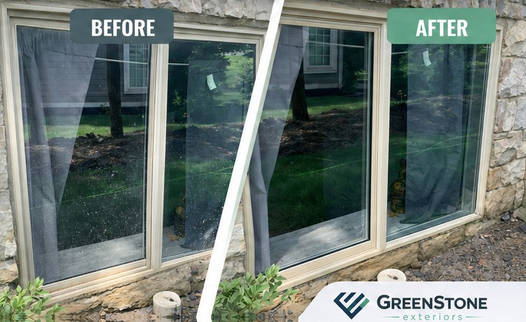 Exterior window cleaning on a home in the Olentangy area